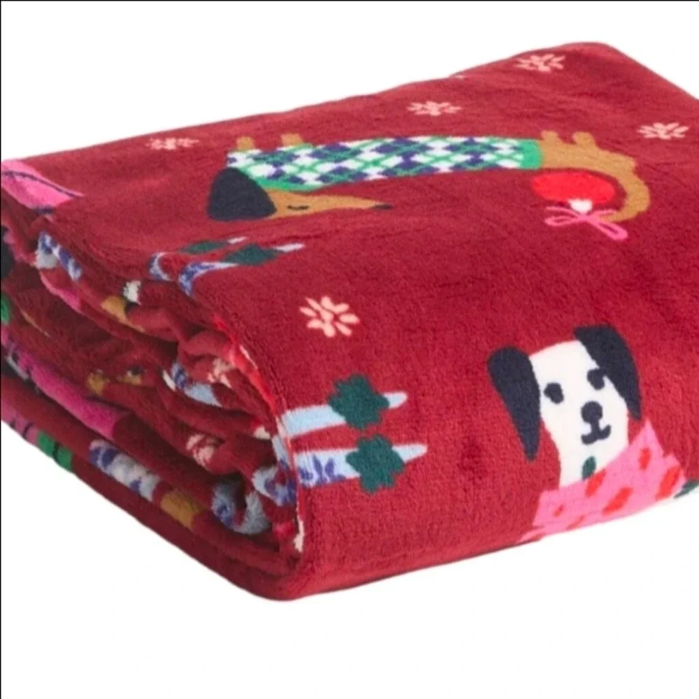 Vera Bradley Fleece Blanket Sock Set Dogs Holiday Hounds‎ Red Plush Cozy 50x80